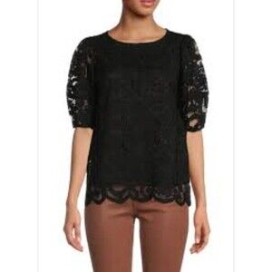 NWT Nanette Lepore Women's Puff Sleeve Lace Short Sleeve Lined Top Size M Black